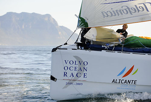 Telefonica Black with its missing bowsprit, which was ripped off after the boat sustained serious damage in rough weather earlier in the leg. Photo copyright Rick Tomlinson - Volvo Ocean Race. 