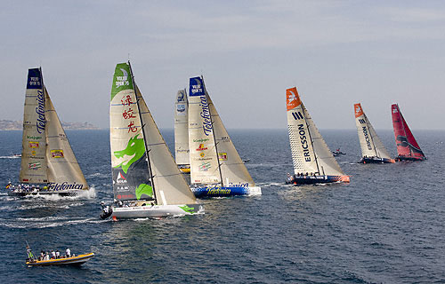 The fleet of Volvo Open 70's start their practice for the in-port race in Alicante, Spain. The real in-port race was on Saturday 4th October, providing the first points on the scoreboard of the Volvo Ocean Race 2009-09. Photo copyright Rick Tomlinson - Volvo Ocean Race.