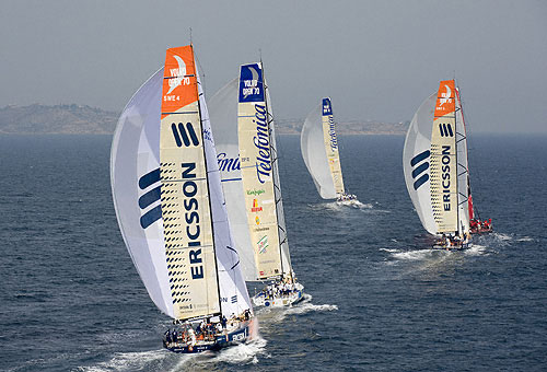 The fleet of Volvo Open 70's start their practice for the in-port race in Alicante, Spain. The real in-port race was on Saturday 4th October. Photo copyright Rick Tomlinson - Volvo Ocean Race.