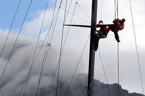 Green Dragon's preparations for the second leg race to Cochin, India were dealt a blow when they broke a spreader during a practice sail in Cape Town. Photo copyright Dave Kneale / Volvo Ocean Race.