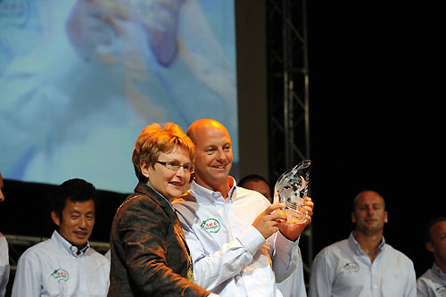 Executive Mayor of Cape Town Helen Zille presents Green Dragon skipper Ian Walker with the Waterford Trophy for third place at the leg 1 Prize Giving in Cape Town, South Africa. Volvo Ocean Race leg 1 Prize Giving Ceremony. Photo copyright Rick Tomlinson / Volvo Ocean Race.
