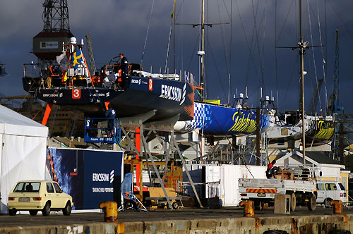 Ericsson 3 and the Telefonica boats in the haul-out area in Cape Town, South Africa. Photo copyright Dave Kneale / Volvo Ocean Race.