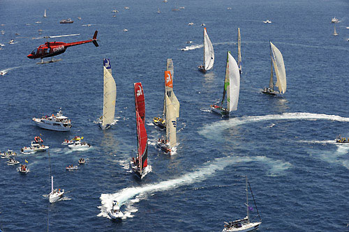 The fleet park up in Table Bay as the winds drops at the start of leg 2 of the Volvo Ocean Race from Cape Town, South Africa to Cochin, India. Photo copyright Rick Tomlinson / Volvo Ocean Race.