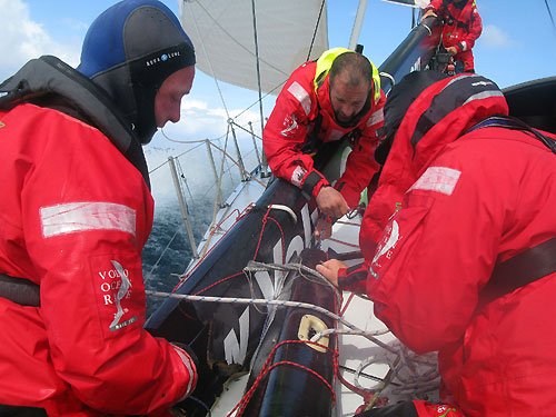 Ian Walker's Green Dragon sufferers a broken boom as the fleet continued to wrestle with strong gusts and treacherous seas as the second leg of the race to India turned spiteful. Photo copyright Guo Chuan / Green Dragon Racing / Volvo Ocean Race.