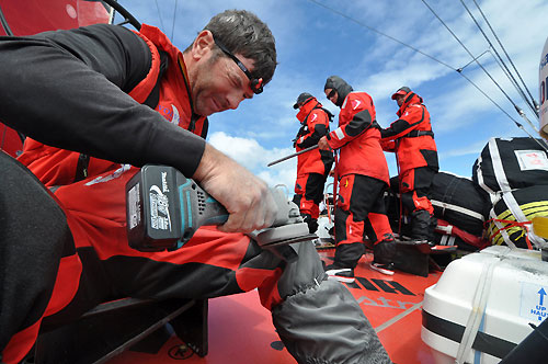 Rob Salthouse from New Zealand. The crew of PUMA Ocean Racing make repairs to their boat after sustaining serious structural damage in rough seas, for the second time in 24 hours. Photo copyright Rick Deppe / PUMA Ocean Racing / Volvo Ocean Race.