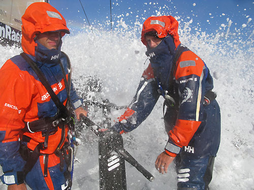 Ryan Godfrey and Dave Endean about to get hit by a huge wave, on leg 2 of the Volvo Ocean Race from Cape Town, South Africa to Cochin, India. Photo copyright Guy Salter / Ericsson 4 / Volvo Ocean Race.