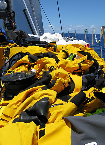 Foul weather gear is laid out to dry onboard Team Russia, on leg 2 of the Volvo Ocean Race, from Cape Town, South Africa to Cochin, India. Photo copyright Mark Covell / Team Russia / Volvo Ocean Race.