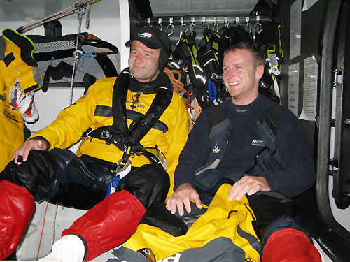 Oleg Zherebtsov left and Ben Costello below decks on Team Russia, earlier on leg 2 of the Volvo Ocean Race, from Cape Town, South Africa to Cochin, India. Photo copyright Mark Covell / Team Russia / Volvo Ocean Race.