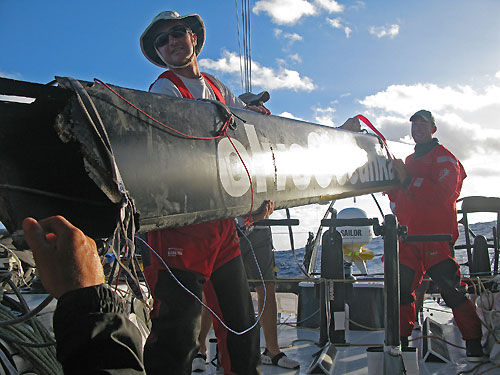 The crew of Green Dragon stack their broken Boom, on leg 2 of the Volvo Ocean Race, from Cape Town, South Africa to Cochin, India. Photo copyright Guo Chuan / Green Dragon Racing / Volvo Ocean Race.