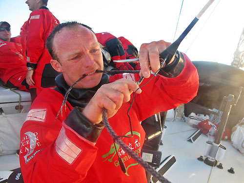 Justin Slattery repairs the rigging onboard Green Dragon, on leg 2 of the Volvo Ocean Race, from Cape Town, South Africa to Cochin, India. Photo  Guo Chuan / Green Dragon Racing / Volvo Ocean Race.