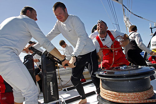 The crew on Green Dragon about to change a sail, on leg 2 of the Volvo Ocean Race, from Cape Town, South Africa to Cochin, India. Photo copyright Guo Chuan / Green Dragon Racing / Volvo Ocean Race.