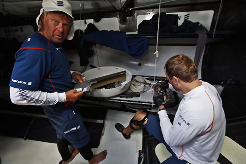 Magnus Olsson left and Jens Dolmer trying to bring life to Ericsson 3's radar, on leg 2 of the Volvo Ocean Race, from Cape Town, South Africa to Cochin, India. Photo copyright Gustav Morin / Ericsson 3 / Volvo Ocean Race.