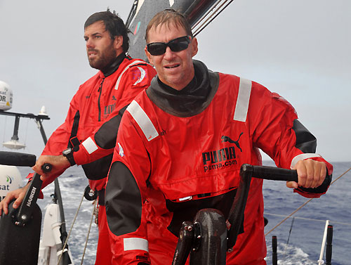 Skipper Ken Read, grinding onboard PUMA Ocean Racing, on leg 2 of the Volvo Ocean Race, from Cape Town, South Africa to Cochin, India. Photo copyright Rick Deppe / PUMA Ocean Racing / Volvo Ocean Race.
