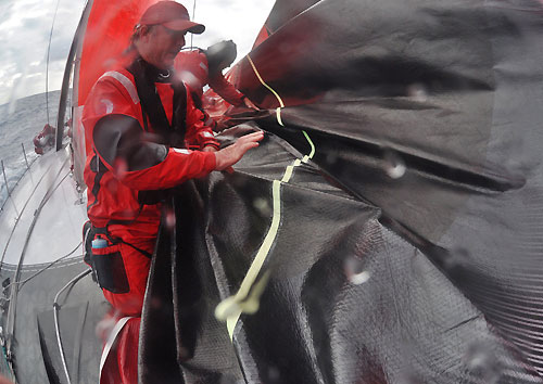 Navigator Andrew Cape and crew changing sails onboard PUMA Ocean Racing's il mostro, on leg 2 of the Volvo Ocean Race, from Cape Town, South Africa to Cochin, India. Photo copyright Rick Deppe / PUMA Ocean Racing / Volvo Ocean Race.