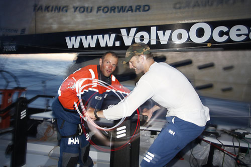 Ryan Godfrey and Dave Endaen grinding onboard Ericsson 4, on leg 2 of the Volvo Ocean Race, from Cape Town, South Africa to Cochin, India. Photo copyright Guy Salter / Ericsson 4 / Volvo Ocean Race. 