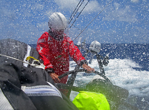 Skipper Ian Walker helming in rough seas, onboard Green Dragon, during leg 2 of the Volvo Ocean Race, from Cape Town, South Africa to Cochin, India. Photo copyright Guo Chuan / Green Dragon Racing / Volvo Ocean Race.