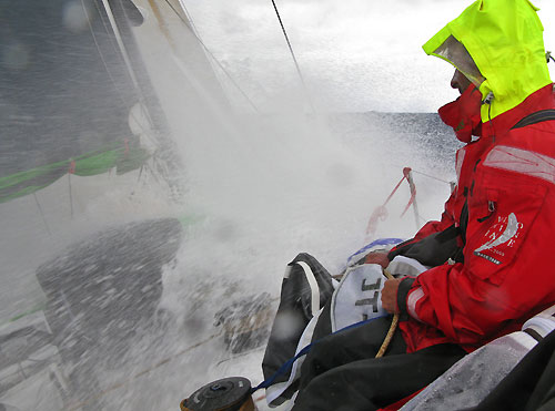 Damian Foxall on watch in rough sea, onboard Green Dragon on leg 2 of the Volvo Ocean Race, from Cape Town, South Africa to Cochin, India. Photo copyright Guo Chuan / Green Dragon Racing / Volvo Ocean Race.
