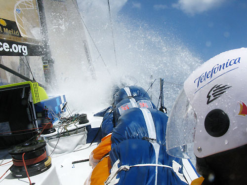 Crew members wearing helmets to stop the spary hitting their faces, onboard Telefonica Blue on leg 2 of the Volvo Ocean Race, from Cape Town, South Africa to Cochin, India. Photo copyright Gabriele Olivo / Telefonica Blue / Volvo Ocean Race.