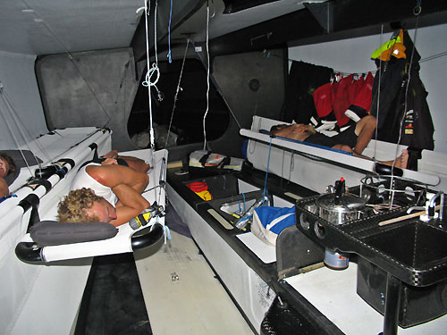 The crew of Telefonica Black rest below decks, on leg 2 of the Volvo Ocean Race, from Cape Town, South Africa to Cochin, India. Photo copyright Mikel Pasabant / Telefonica Black / Volvo Ocean Race.