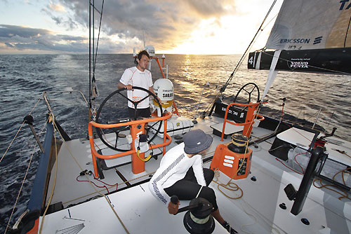 Joao Signorini helming with Ryan Godfrey trimming onboard Ericsson 4, on leg 2 of the Volvo Ocean Race, from Cape Town, South Africa to Cochin, India. Photo copyright Guy Salter / Ericsson 4 / Volvo Ocean Race.