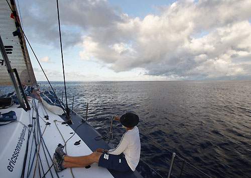 Dave Endean enjoying the view from Ericcson 4, in the Doldrums, on leg 2 of the Volvo Ocean Race, from Cape Town, South Africa to Cochin, India. Photo copyright Guy Salter / Ericsson 4 / Volvo Ocean Race.