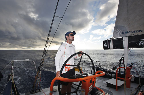 Brad Jackson helming Ericsson 4 in the Doldrums, on leg 2 of the Volvo Ocean Race, from Cape Town, South Africa to Cochin, India. Photo copyright Guy Salter / Ericsson 4 / Volvo Ocean Race.