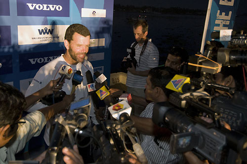 Ericsson 4, skippered by Torben Grael from Brazil (pictured) is interviewed by the media, as they arrive in Cochin, India, to win the second leg of the Volvo Ocean Race 2008-09. Photo copyright Dave Kneale / Volvo Ocean Race.