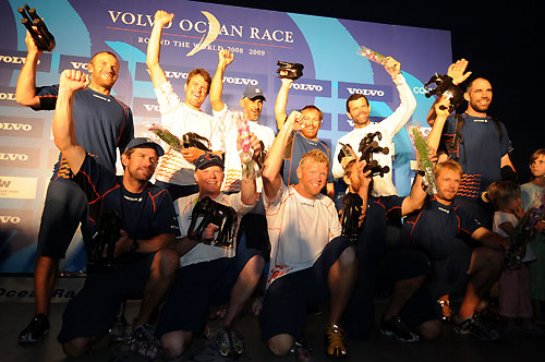 The crew of Ericsson 4, Skippered by Torben Grael from Brazil, celebrate their arrivial in Cochin, India, winning the second leg of the Volvo Ocean Race 2008-09. Photo  Dave Kneale / Volvo Ocean Race.