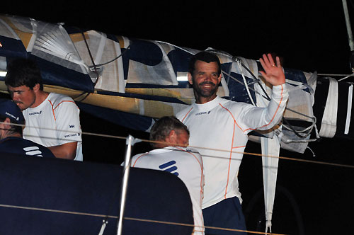 Ericsson 4, Skippered by Torben Grael from Brazil (right), arrive in Cochin, India, to win the second leg of the Volvo Ocean Race 2008-09. Photo copyright Dave Kneale / Volvo Ocean Race.