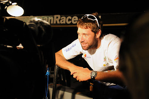 Navigator Simon Fisher is interviewed by the media after Telefonica Blue finished in second place on leg 2 of the Volvo Ocean Race, from Cape Town, South Africa to Cochin India. Photo copyright Dave Kneale / Volvo Ocean Race.
