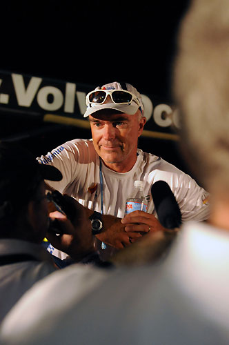 Telefonica Blue, skippered by Bouwe Bekking from Netherlands (pictured), being interviewed by the media after finishing in second place on leg 2 of the Volvo Ocean Race, from Cape Town, South Africa to Cochin India. Photo copyright Dave Kneale / Volvo Ocean Race.