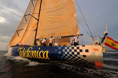 Telefonica Blue, finishes in second place on leg 2 of the Volvo Ocean Race, from Cape Town, South Africa to Cochin India. The boat crossed the finish line 12:37:50 GMT under a beautiful Indian sunset.  Photo copyright Dave Kneale / Volvo Ocean Race.
