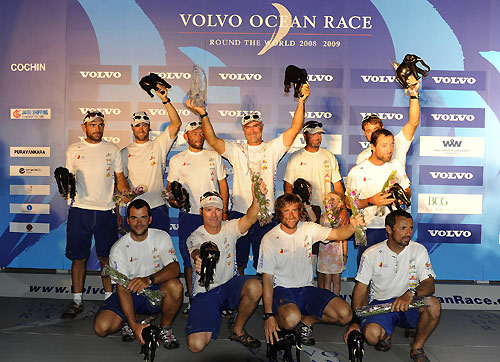 The crew on Telefonica Blue celebrate their arrival in Cochin, India after finishing in second place on leg 2 of the Volvo Ocean Race, from Cape Town Photo copyright Dave Kneale / Volvo Ocean Race.