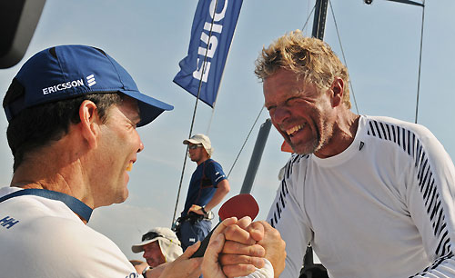Ericsson 4 Skipper Torben Grael left greets Ericsson 3 Watch Captain Magnus Olsson. Ericsson 3, skippered by Anders Lewander from Sweden, finishes third on leg 2 of the Volvo Ocean Race from Cape Town, South Africa to Cochin, India. Photo copyright Dave Kneale / Volvo Ocean Race.