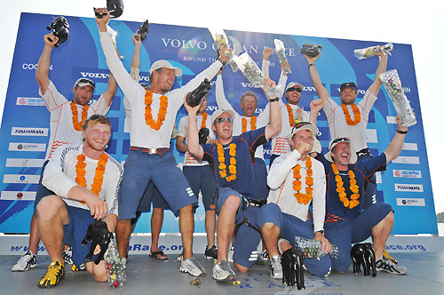 The crew of Ericsson 3, skippered by Anders Lewander from Sweden, celebrate their podium finish after arriving third on leg 2 of the Volvo Ocean Race from Cape Town, South Africa to Cochin, India. Photo copyright Dave Kneale / Volvo Ocean Race.