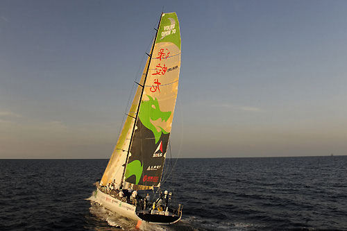 Green Dragon, skippered by Ian Walker from UK, finishes leg 2 of the Volvo Ocean Race from Cape Town, South Africa to Cochin, India. They crossed the line at 13:08:20 GMT, securing 2 points for the finish and 5 points overall for the leg. Photo copyright Rick Tomlinson / Volvo Ocean Race.