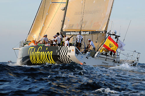 Telefonica Black, skippered by Fernando Echavarri from Spain, finishes leg 2 of the Volvo Ocean Race from Cape Town, South Africa to Cochin, India. They crossed the line at 12:00:20 GMT, securing 5 points for the finish and 6.5 points overall for the leg. Photo copyright Dave Kneale / Volvo Ocean Race. 