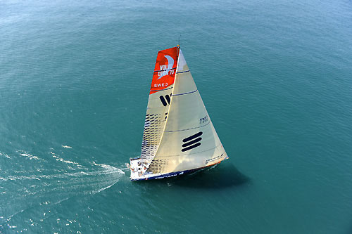 Ericsson 3, skippered by Anders Lewander from Sweden, finishes third on leg 2 of the Volvo Ocean Race from Cape Town, South Africa to Cochin, India. The nordic boat crossed the line at 07:36:45 GMT, securing 6 points for the finish and 9.5 points overall for the leg. Photo copyright Rick Tomlinson / Volvo Ocean Race.