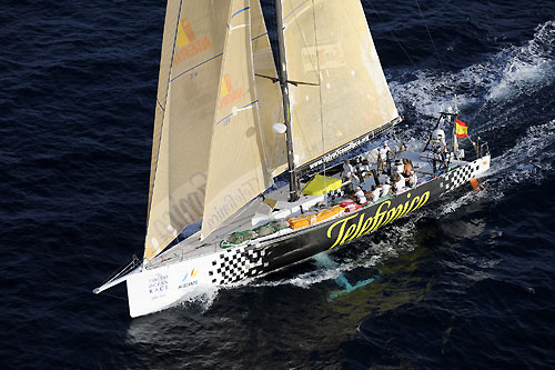 Telefonica Black, skippered by Fernando Echavarri from Spain, finishes leg 2 of the Volvo Ocean Race from Cape Town, South Africa to Cochin, India. They crossed the line at 12:00:20 GMT, securing 5 points for the finish and 6.5 points overall for the leg. Photo copyright Rick Tomlinson / Volvo Ocean Race.