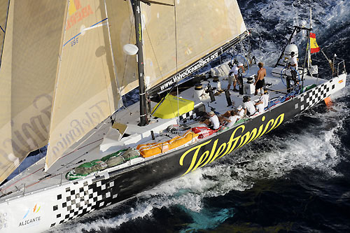 Telefonica Black, skippered by Fernando Echavarri from Spain, finishes leg 2 of the Volvo Ocean Race from Cape Town, South Africa to Cochin, India. Photo copyright Rick Tomlinson / Volvo Ocean Race.