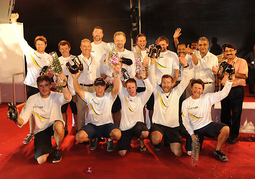 The crew of Team Russia celebrate their arrival to Cochin India. Photo copyright Rick Tomlinson / Volvo Ocean Race. 