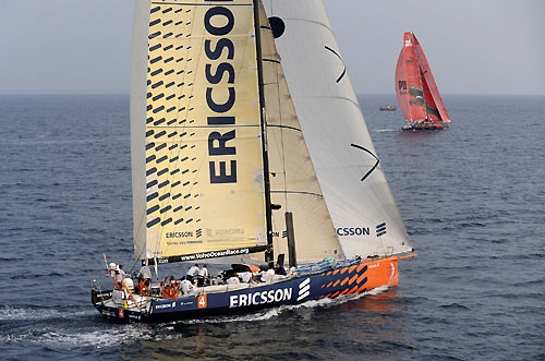 Ericsson 4 chases PUMA Ocean Racing at the start of leg 3 of the Volvo Ocean race, from Cochin, India to Singapore. Photo copyright Rick Tomlinson / Volvo Ocean Race.