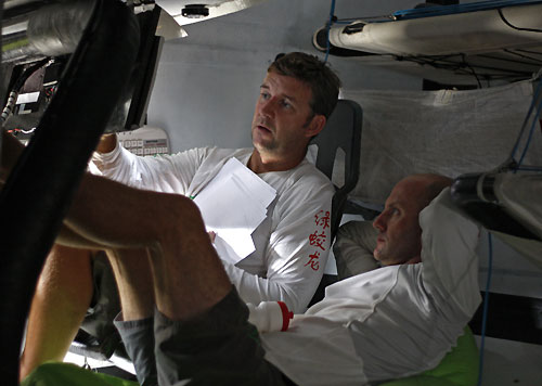 Navigator Steve Hayles left and skipper Ian Walker plan their next move onboard Green Dragon, on leg 3 of the Volvo Ocean Race from India to Singapore. Photo copyright Guo Chuan / Green Dragon Racing / Volvo Ocean Race.