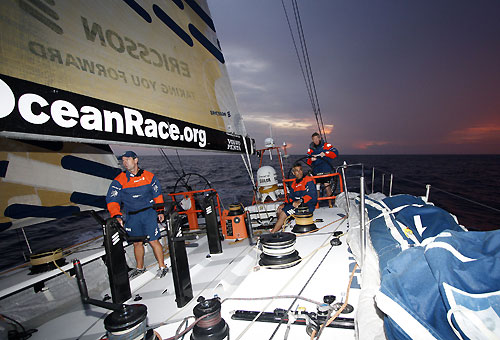 Onboard Ericsson 3 at sunset, on leg 3 of the Volvo Ocean Race from India to Singapore. Photo copyright Gustav Morin / Ericsson 3 / Volvo Ocean Race.
