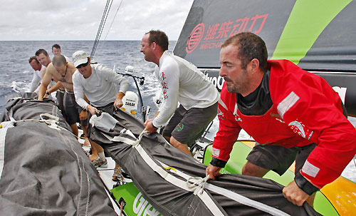 Green Dragon stacking sail bags as they tack, on leg 3 of the Volvo Ocean Race from India to Singapore. Photo copyright Guo Chuan / Green Dragon Racing / Volvo Ocean Race.