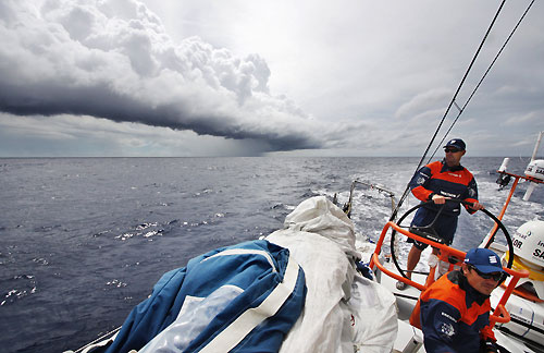 Ericsson 4 watching a storm cloud, on leg 3 of the Volvo Ocean Race from India to Singapore. Photo copyright Guy Salter / Ericsson 4 / Volvo Ocean Race.