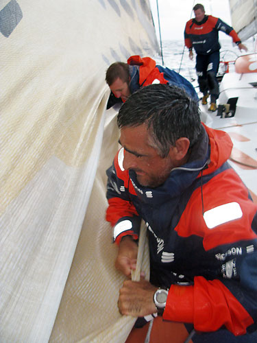Taking sails down onboard Ericsson 4, on leg 3 of the Volvo Ocean Race from India to Singapore. Photo copyright Guy Salter / Ericsson 4 / Volvo Ocean Race.