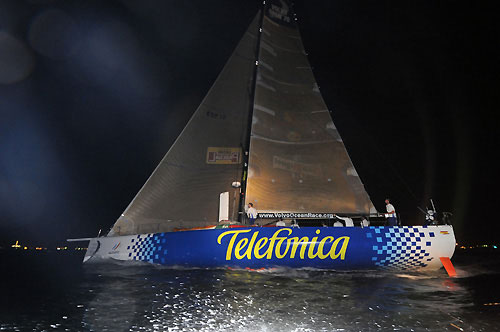 Telefonica Blue, skippered by Bouwe Bekking (NED) takes first place on leg 3 of the Volvo Ocean Race from India to Singapore, crossing the finish line at 14:51:22 GMT. Photo  Dave Kneale / Volvo Ocean Race.