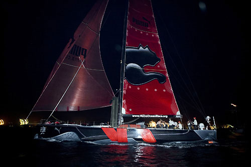 PUMA Ocean Racing cross the finish line in Singapore at 23:08:01 local (15:08:01GMT), to finish leg 3 in 2nd place. Photo copyright Sally Collison / PUMA Ocean Racing / Volvo Ocean Race.