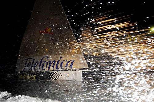 Telefonica Black, skippered by Fernando Echavarri (ESP) finishes fifth on leg 3 of the Volvo Ocean Race from India to Singapore, crossing the finish line at 17:36:23 GMT. Photo copyright Dave Kneale / Volvo Ocean Race.
